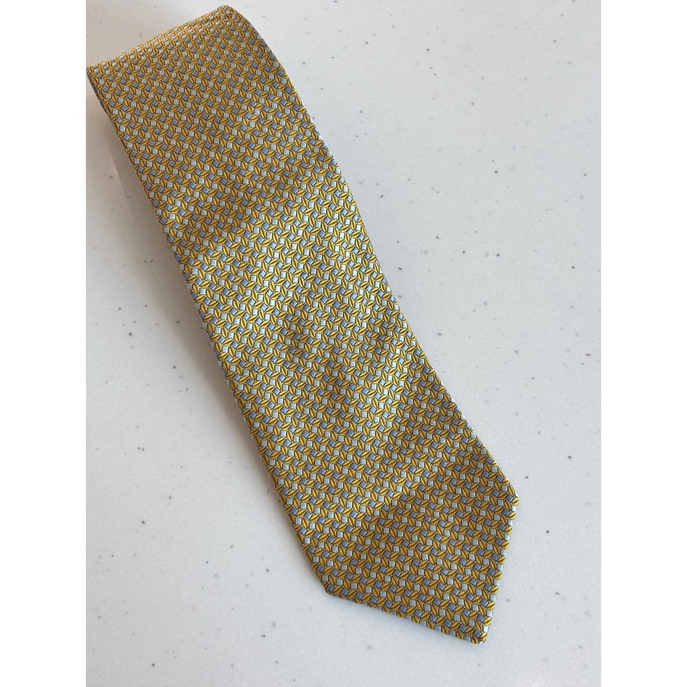 Brooks Brothers Makers Silk Tie Yellow Blue Geometric Leaf Pattern Made in USA
